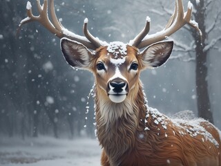 Elegance in Snowfall: Graceful Winter Deer Portrait Amidst Gentle Snow, AI-Enhanced Serenity