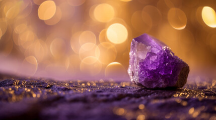 Amethyst crystal on rocky surface with sparkling warm golden bokeh lights in background