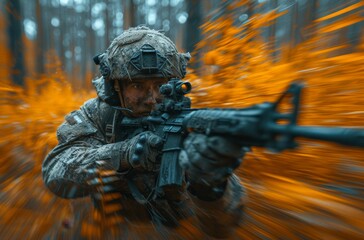 A soldier blends into the dense forest, armed with a lethal rifle and clad in military camouflage, ready to defend his country and comrades with deadly precision