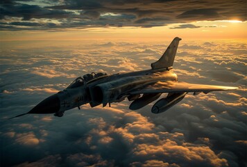 As the sun sets on the horizon, a powerful jet soars through the clouds, showcasing the beauty and innovation of aerospace engineering in the realm of air travel - obrazy, fototapety, plakaty