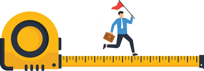 Business success measurement, Business goal and achievement or growth metric analysis, Businessman using measuring tape to measure and analyze distance from target flag concept,
