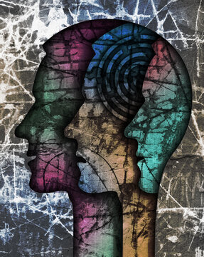 
Schizophrenia male head silhouette. Illustration with three stylized male heads on grunge texture symbolizing schizophrenia Depression,bipolar disorder.