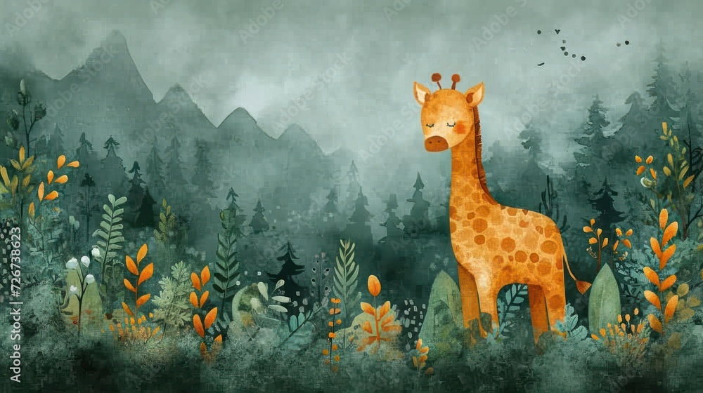 Poster a painting of a giraffe standing in the middle of a forest with a bird flying over the top of it.