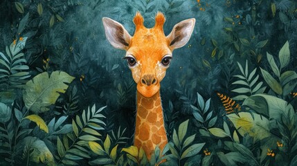 Fototapeta premium a painting of a giraffe standing in a forest with lots of green plants and leaves on the ground.