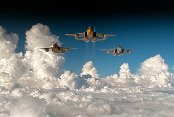 Amidst the billowy clouds, a fleet of sleek aircrafts soar through the vast expanse of the open sky, their powerful engines propelling them towards their destinations in a dazzling display of modern 