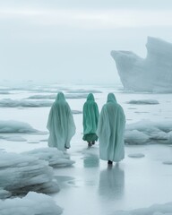 A group of people or monks, perhaps wanderers, are walking along a snowy cold path against the background of a winter landscape - obrazy, fototapety, plakaty