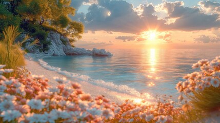  a painting of the sun setting over a beach with flowers in the foreground and a rock outcropping in the background. - obrazy, fototapety, plakaty