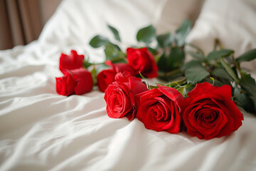 A beautiful bouquet of red roses lies on a pristine white bedspread