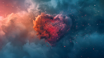 heart shape made of blue and red clouds, generative ai