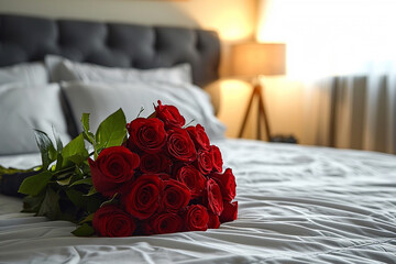 A bouquet of red roses on a bed