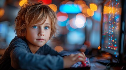 Young Boy Sitting in Front of Computer Monitor