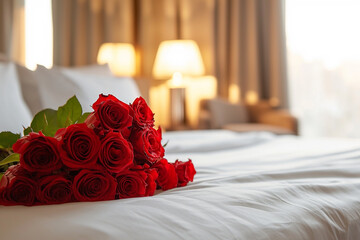 A Bouquet of Red Roses on a Neatly Made Bed in a Well-Lit Hotel Room