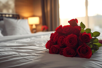 A bouquet of red roses placed on a neatly made bed