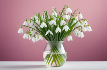 Mother's Day, Mothering Sunday, International Women's Day, the coming of spring, a bouquet of snowdrops in a glass vase, a bouquet of spring flowers, pink background
