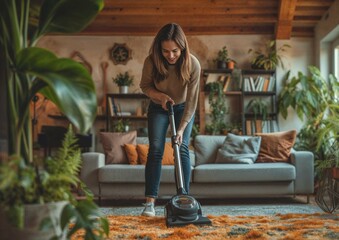 Adult female cleans home interior with vacuum cleaner
