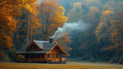 Cabin in the Woods With Smoke Rising From Chimney