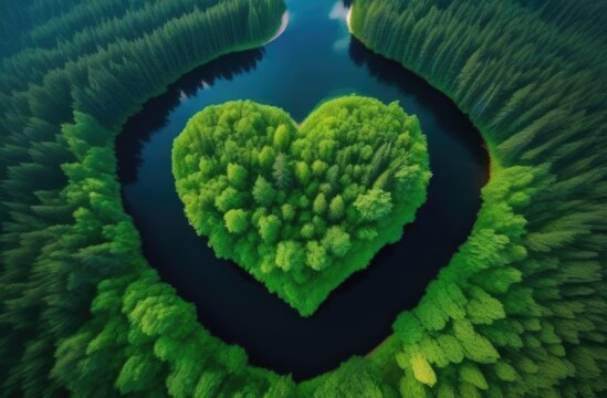 Earth day, creative art, green island in the shape of a heart, blue lake, greening the planet, environmental protection, against deforestation, against pollution of reservoirs, preservation of trees