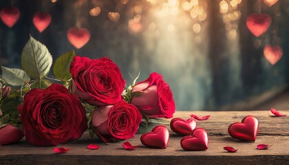 Bouquet de roses rouges et coeurs rouges en chocolat, image romantique de Saint Valentin ou de demande en mariage
 - obrazy, fototapety, plakaty