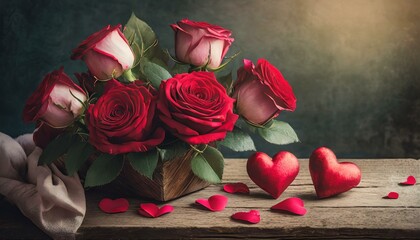 Bouquet de roses rouges et coeurs rouges en chocolat, image romantique de Saint Valentin ou de demande en mariage
 - obrazy, fototapety, plakaty