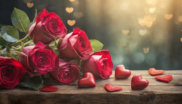 Bouquet de roses rouges et coeurs rouges en chocolat, image romantique de Saint Valentin ou de demande en mariage
