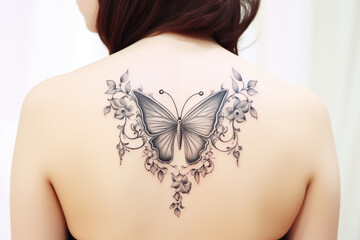 Black butterfly tattoo on skin. Black butterfly tattoo on back. Woman's tattoo, butterfly. Flower tattoo. Tattoo ideas for women. Tattoo parlor. Tattoo artist profession.​