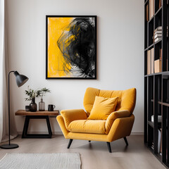A soft yellow armchair and a coffee table with a lamp near a white wall. Interior design of a modern living room.