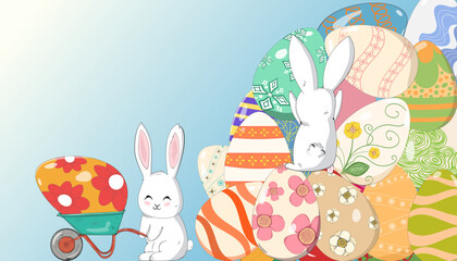Cartoon Bunny rabbit and Easter eggs hunt, painted eggs, Easter egg hunt pattern ornament decoration greeting banner, web, card, wallpaper, layout, template