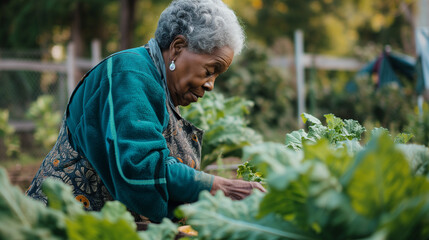 Elderly african american grandmother gardening and living sustainably - obrazy, fototapety, plakaty