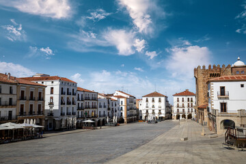 Fototapeta na wymiar Nice view of the Plaza Mayor in Cáceres, Extremadura, Spain, with midday light