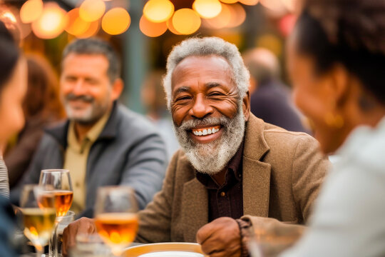 Joyful senior African American man smiling during a casual outdoor dinner party with friends and family.