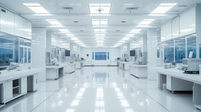 Spacious and modern laboratory with clean white surfaces, state-of-the-art equipment, and bright lighting for professional research.