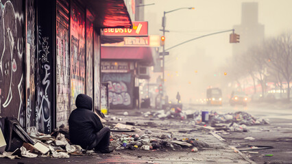 A solitary figure sits huddled on a grimy city street amidst trash, depicting urban poverty and...