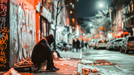 A hooded figure sits alone at night on an urban street, surrounded by graffiti and dim street lights.