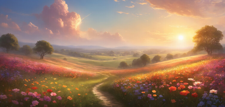 Drawing. Sunset landscape of a field with flowers
