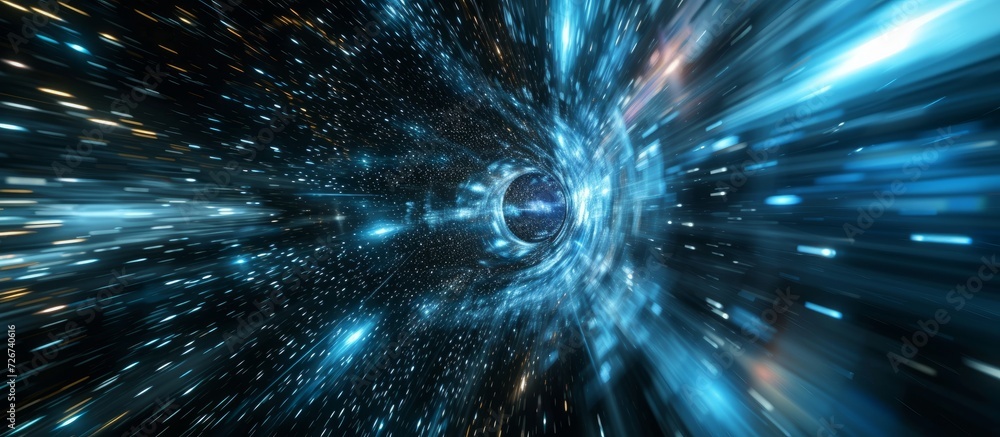Poster 3d illustration of a concept for fast space travel using a warp tunnel in hyperspace.