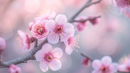 Japanese plum blossoms. Japanese plum blossom close-up. Pink Japanese plum blossoms