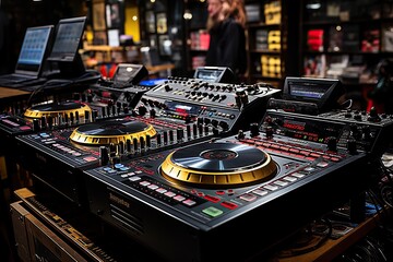 Professional DJ setup with turntables and laptops in a music store