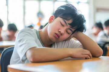 Bored asian student sleeping on his desk in the school classroom while holding his head with his hand