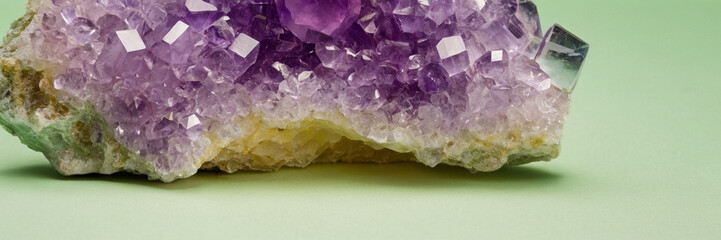 amethyst crystals on a pastel light green background