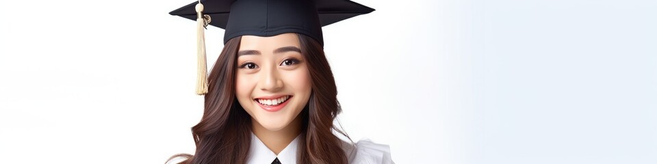 Happy university woman student with hat isolated on the white background as banner