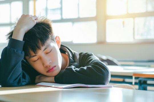 Bored Asian Student Sleeping On His Desk In The School Classroom While Holding His Head With His Hand