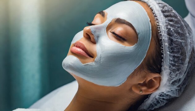 Young woman during face peeling procedure in salon