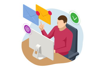 Isometric email, business e-mail communication and digital marketing, electronic message alert