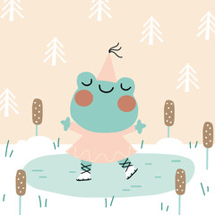 Vector illustration of a frog on ice. Story illustration for the advent calender. Winter