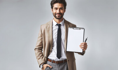 A man in a stylish suit holding a clipboard and a pen, ready to write down important information