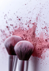 Makeup brushes on a background of crushed blush. Beauty and makeup concept for cosmetics design. Banner with space for text.