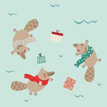 Beavers swim with Christmas gifts. Vector illustration. Thematic illustration for the advent calendar. Winter.