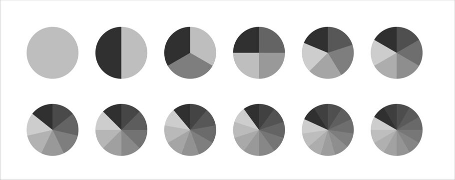 Circles divided diagram isolated. PNG Segment circle set. Pie chart templates divides on 2, 3, 4, 5, 6, 7, 8, 9, 10, 11, 12 equal parts.