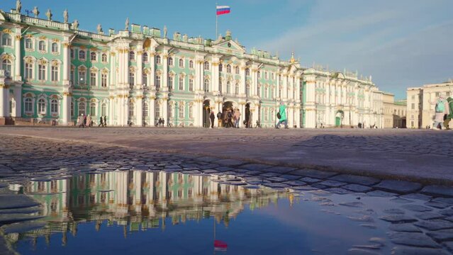 Saint-Petersburg, Russia - Feb 02 2024 4k, panoramic view of the Hermitage museum and Palace Square, Saint Petersburg, Russia