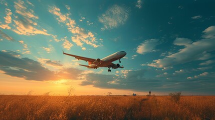 Fototapeta na wymiar Airplane Flying Over Sunset Field